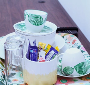 A tray displaying cups and saucers